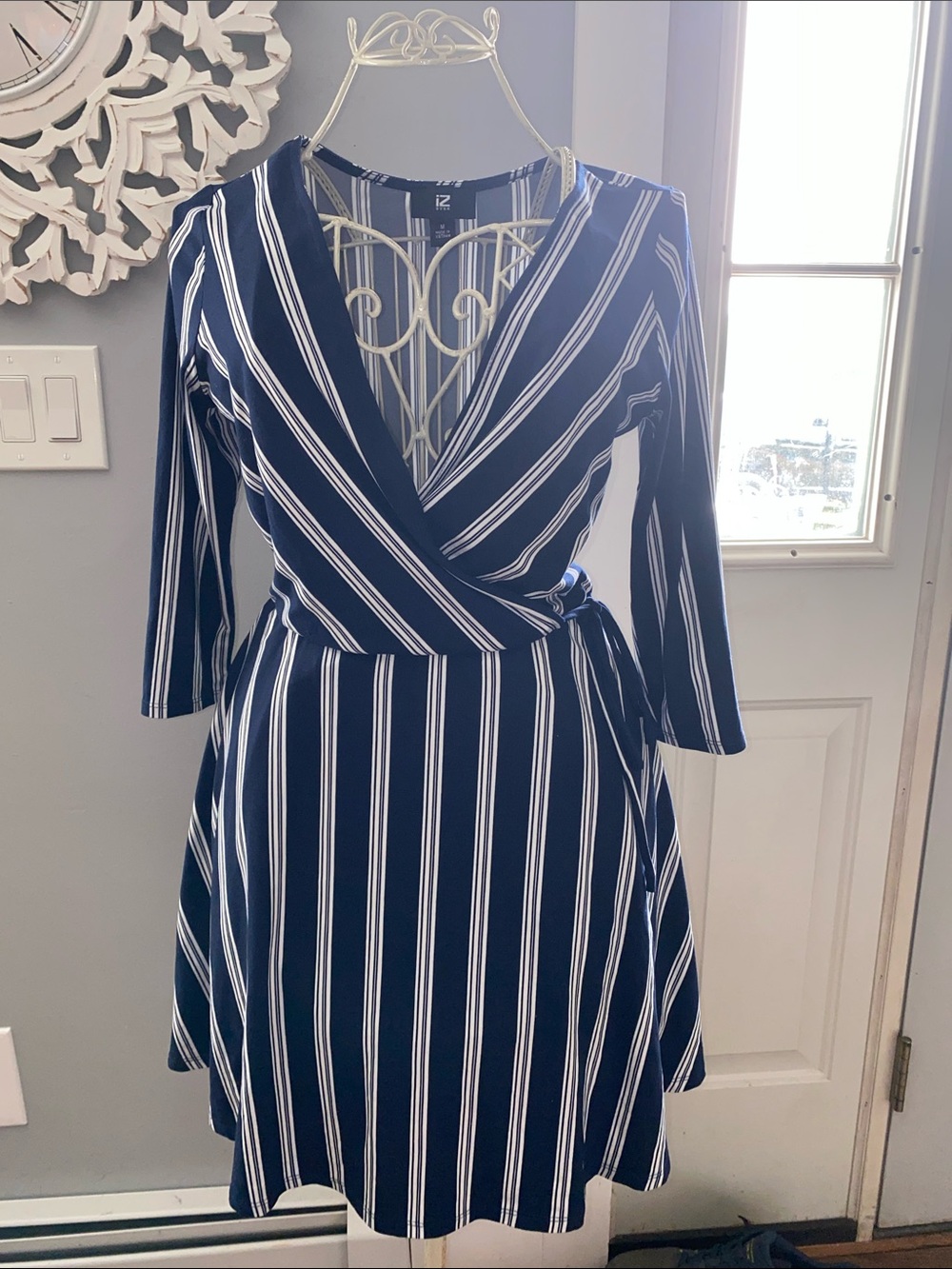 Iz Byer Navy and White Striped Wrap Midi Dress